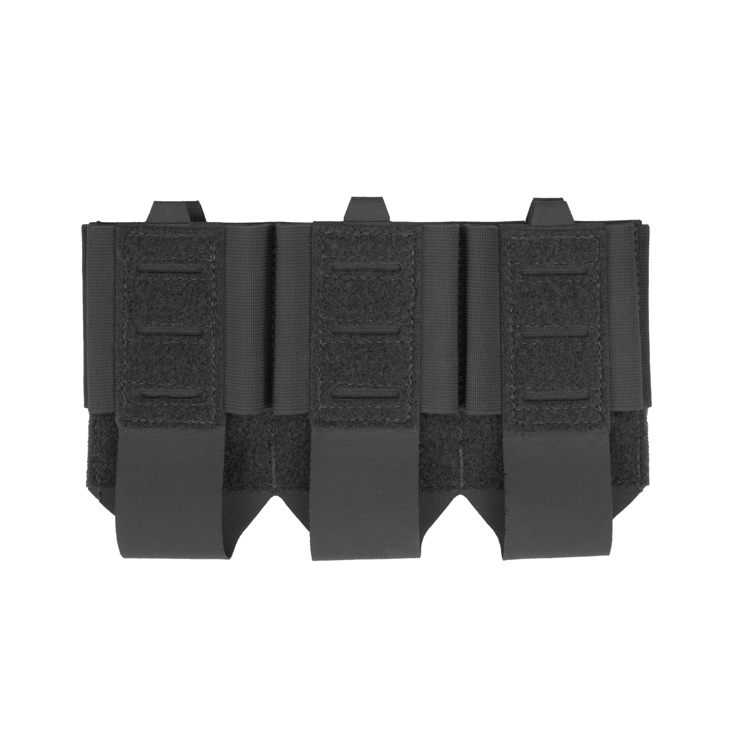 Black tactical gear panel with multiple vertical slots and velcro straps for attachment, set against a plain black background.