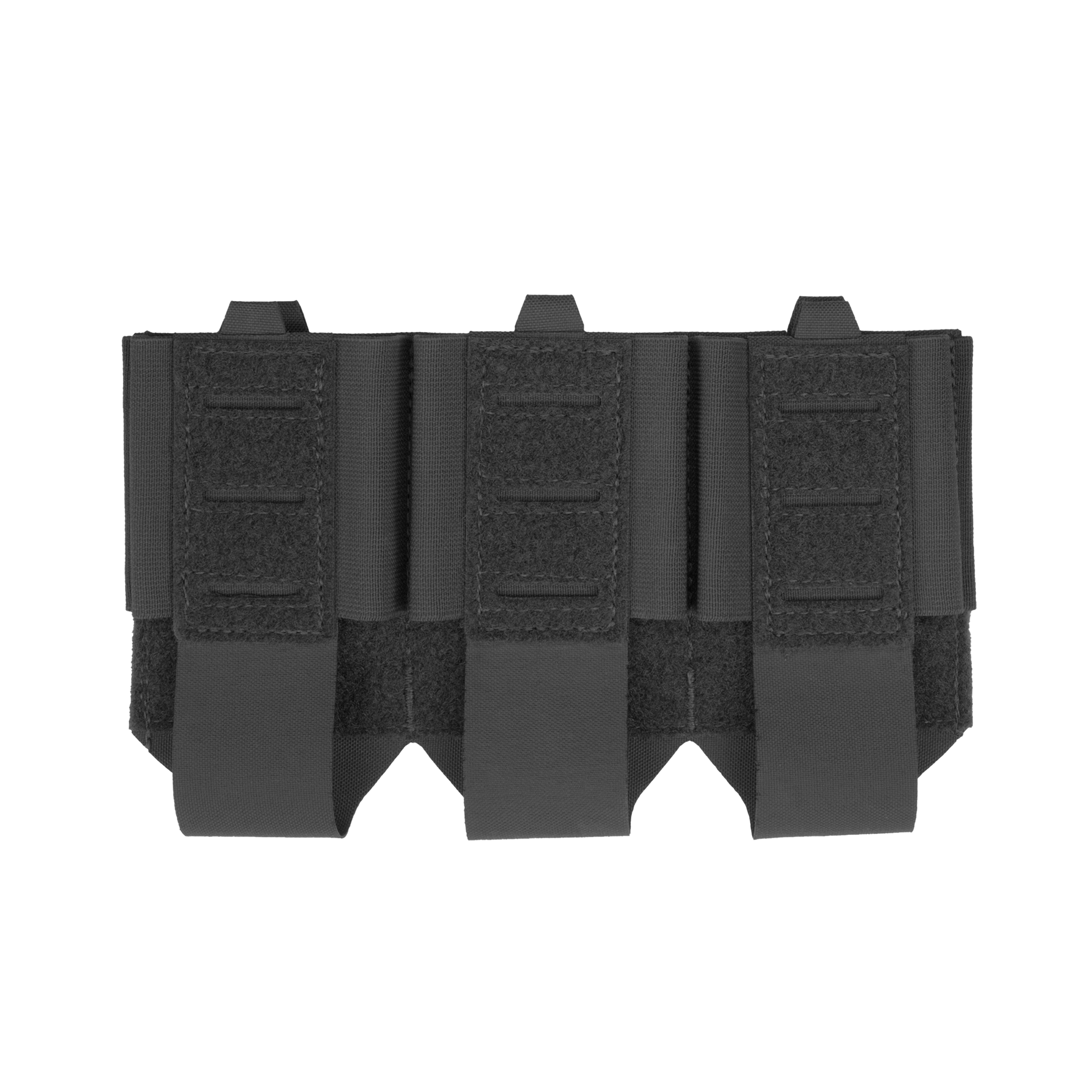 Black tactical gear panel with multiple vertical slots and velcro straps for attachment, set against a plain black background.