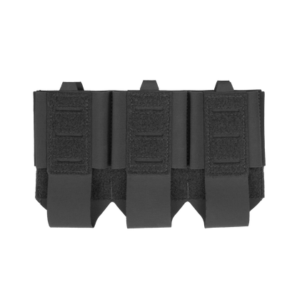 Black tactical gear panel with multiple vertical slots and velcro straps for attachment, set against a plain black background.