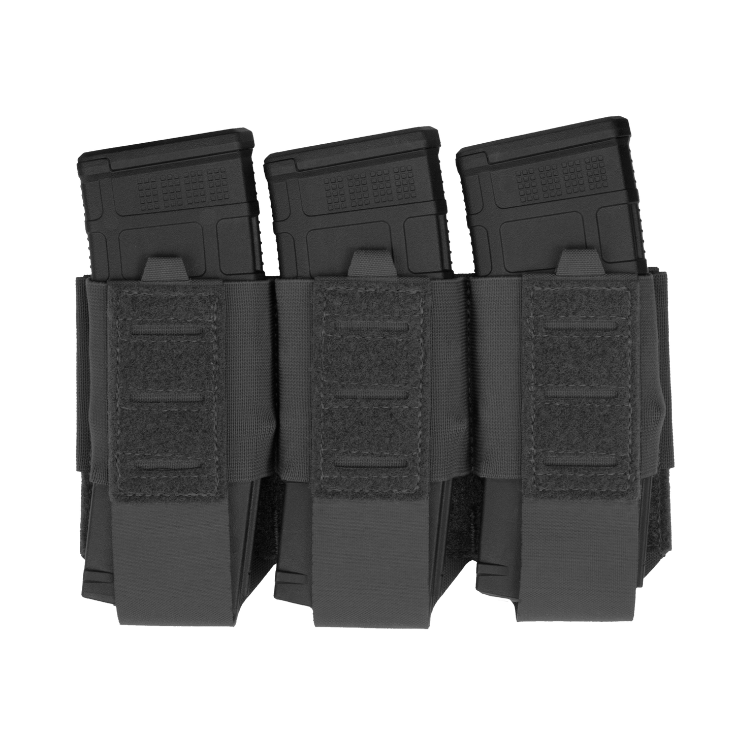 A black triple magazine pouch holds three magazines securely. The pouch features Velcro straps, sturdy stitching, and a tactical design, conveying readiness.