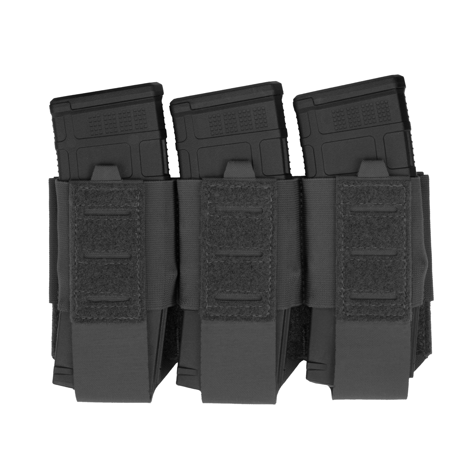A black triple magazine pouch holds three magazines securely. The pouch features Velcro straps, sturdy stitching, and a tactical design, conveying readiness.