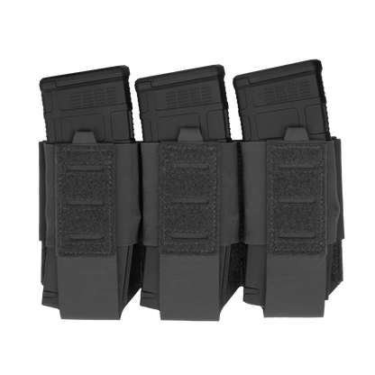 A black triple magazine pouch holds three magazines securely. The pouch features Velcro straps, sturdy stitching, and a tactical design, conveying readiness.