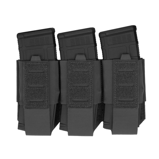 A black triple magazine pouch holds three magazines securely. The pouch features Velcro straps, sturdy stitching, and a tactical design, conveying readiness.