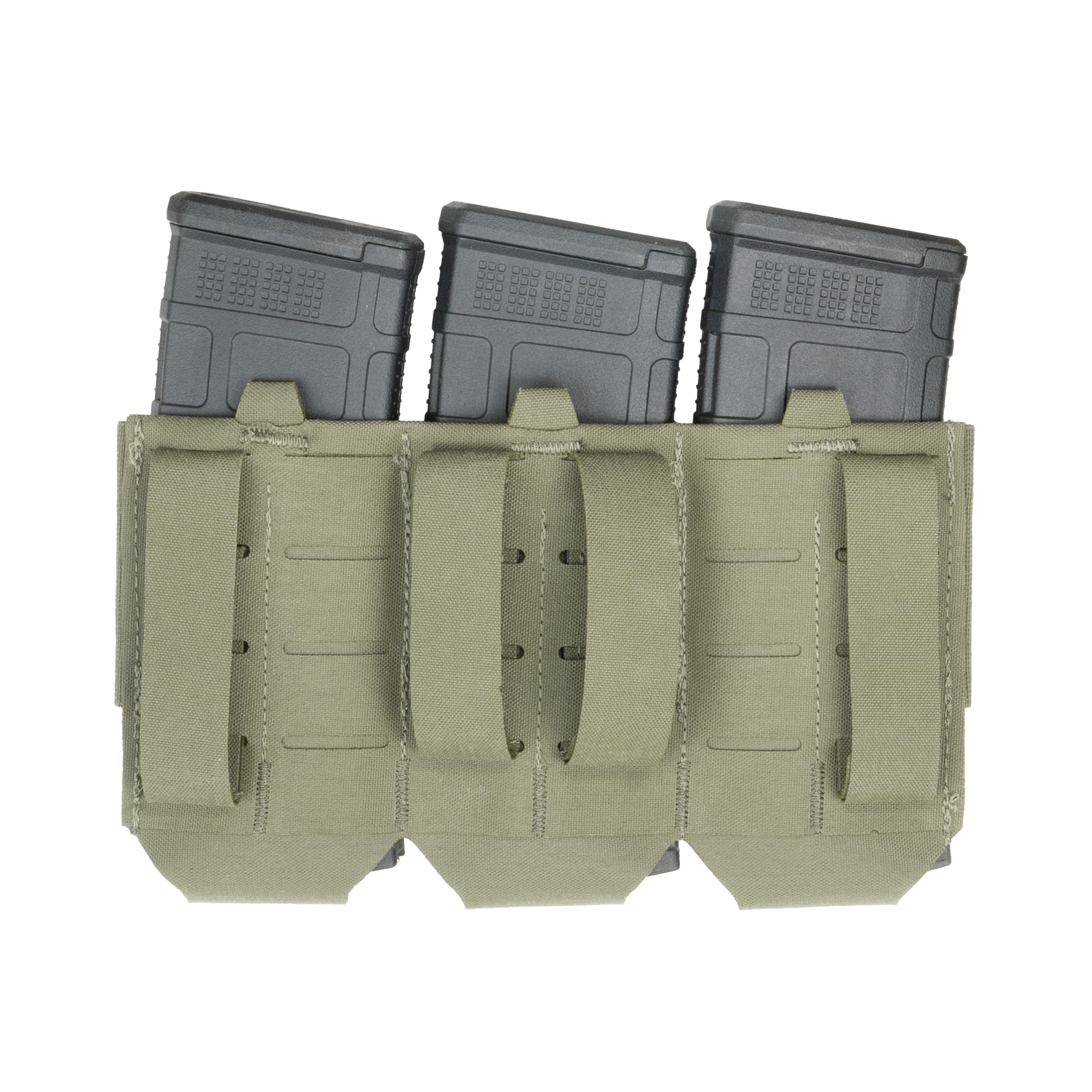 A tactical olive green fabric pouch holding three black rifle magazines side by side in separate compartments.