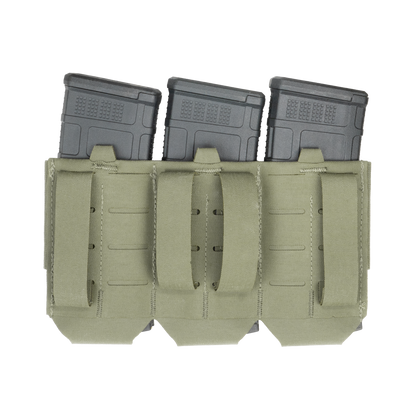 A tactical olive green fabric pouch holding three black rifle magazines side by side in separate compartments.