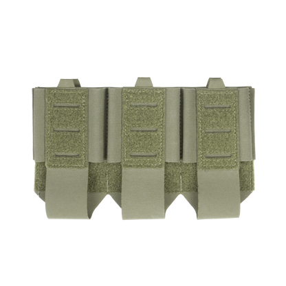 Green tactical gear panel with three vertical loops and Velcro straps to secure it.