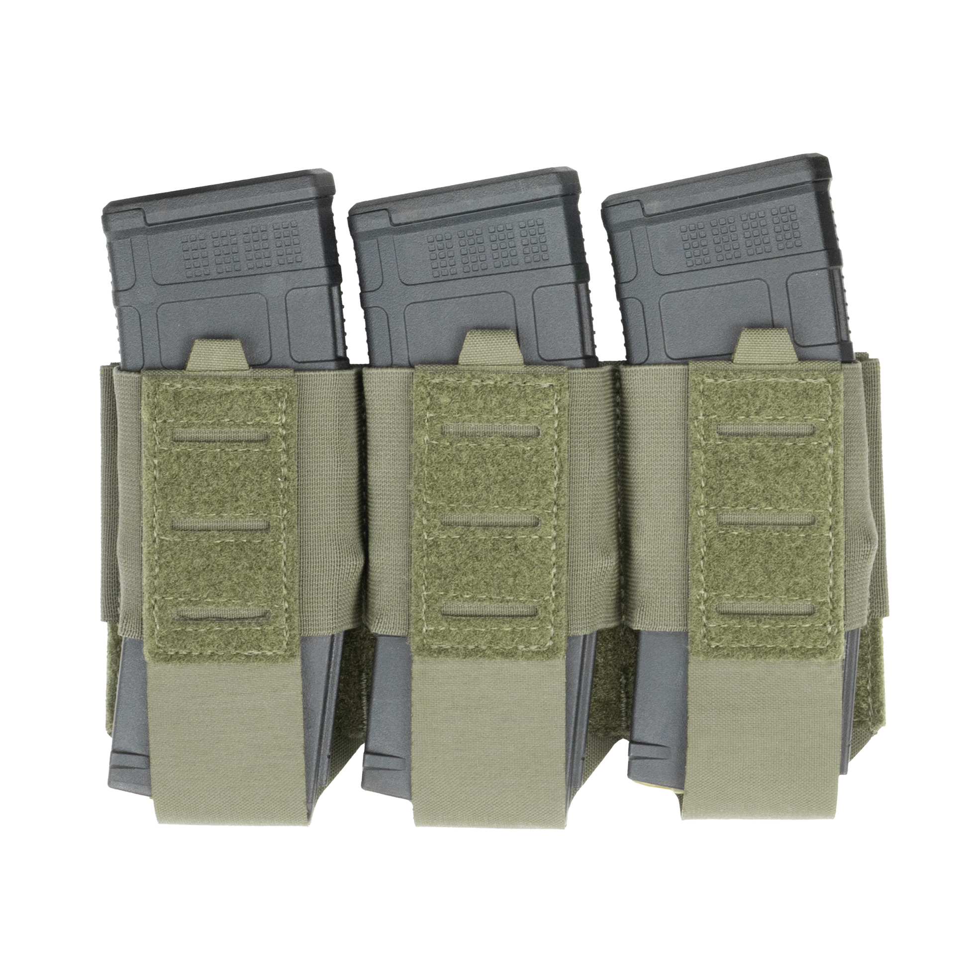Three gray rifle magazines in a green tactical triple mag pouch with Velcro straps, set against a plain white background.