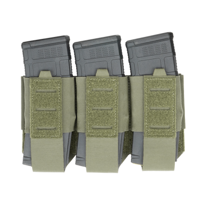 Three gray rifle magazines in a green tactical triple mag pouch with Velcro straps, set against a plain white background.
