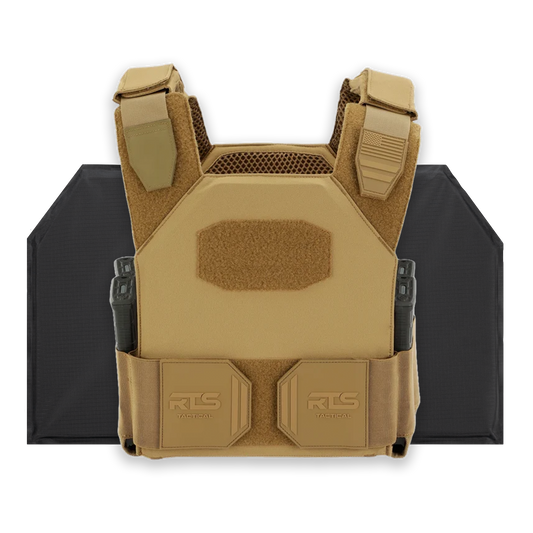 Tan tactical vest with adjustable shoulder straps and front Velcro panel. Dual pouches on the waist and black ballistic panels.