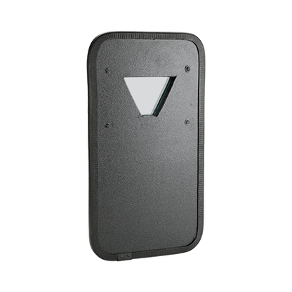 A black ballistic shield with a rectangular shape and a small, triangular viewport near the top. It has a sturdy, textured surface for protection.