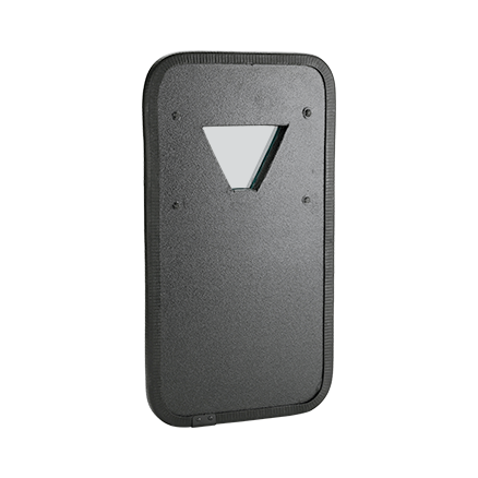 A black ballistic shield with a rectangular shape and a small, triangular viewport near the top. It has a sturdy, textured surface for protection.