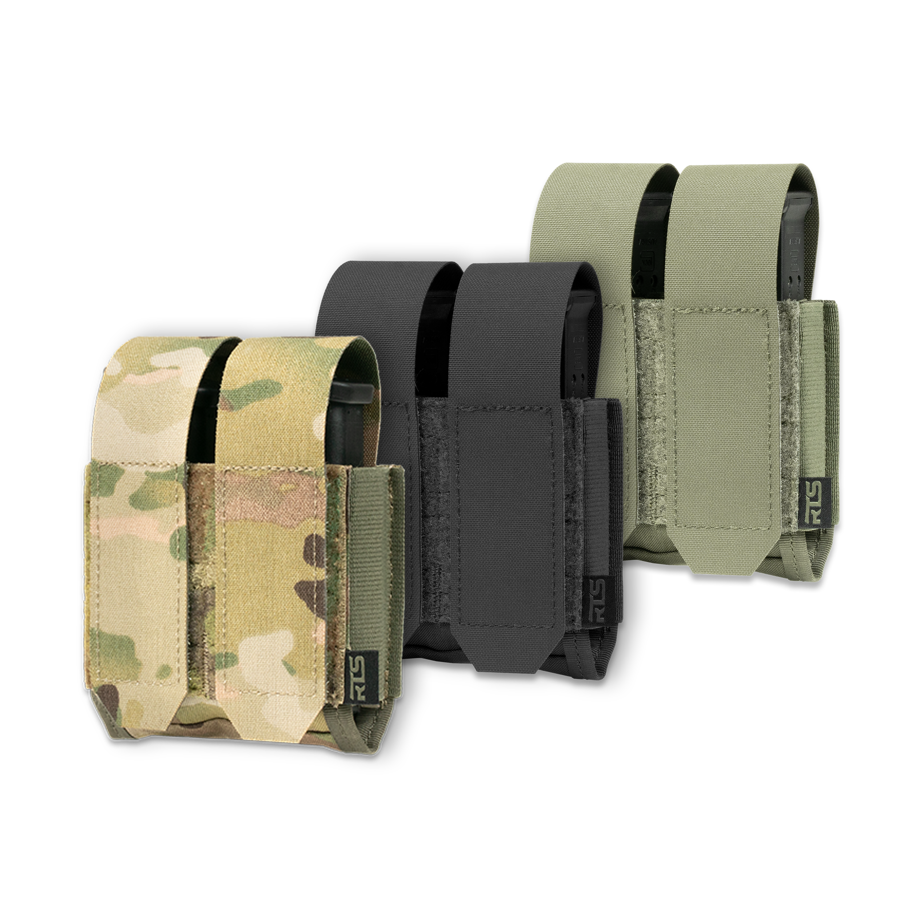 Three tactical pouches in camouflage, black, and olive green with loop attachments are displayed against a black background.
