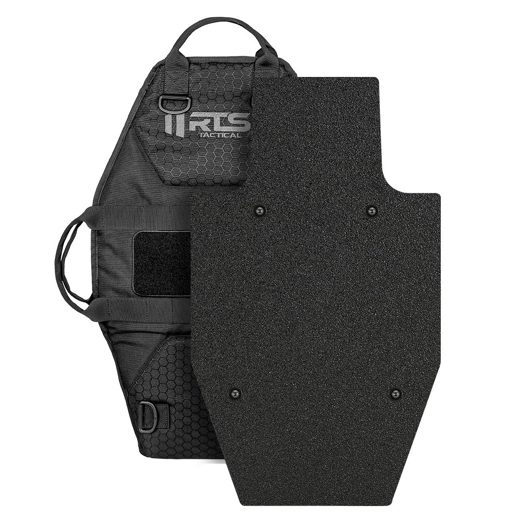 A mini police riot shield with black tactical bag. The bundle's black protective shield is robust and stands up to wear.