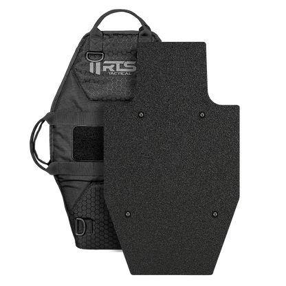 A mini police riot shield with black tactical bag. The bundle's black protective shield is robust and stands up to wear.