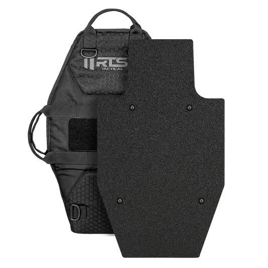 A mini police riot shield with black tactical bag. The bundle's black protective shield is robust and stands up to wear.