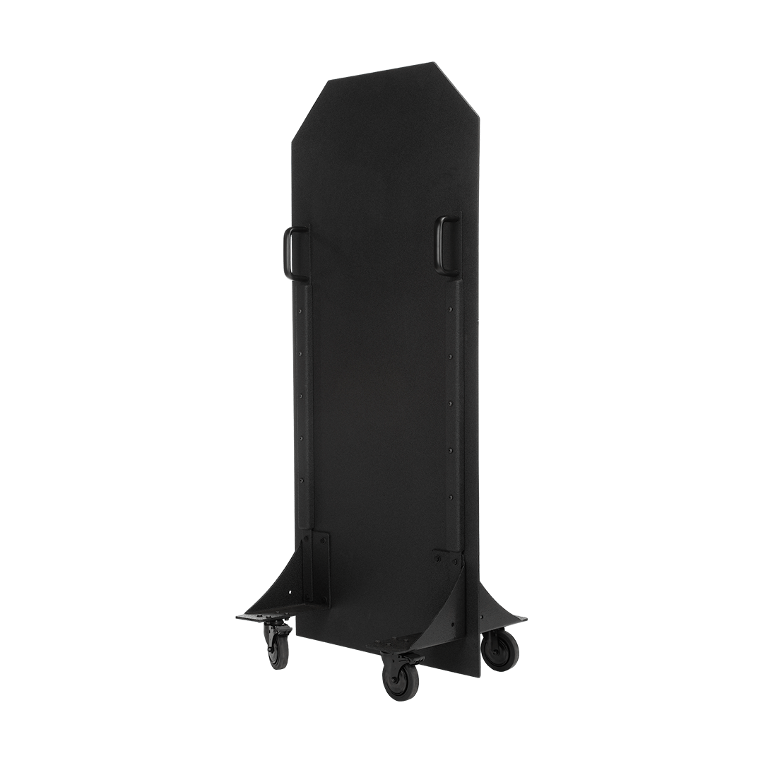 A tall, black, wheeled ballistic panel shield stands upright. It has a wheels on the bottom, making it easy to relocate.