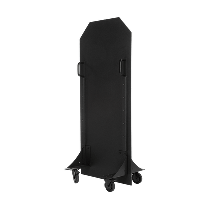 A tall, black, wheeled ballistic panel shield stands upright. It has a wheels on the bottom, making it easy to relocate.