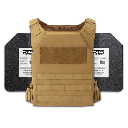 Tan tactical vest with adjustable straps and MOLLE webbing, in front or two black ballistic plates with white labels showing their NIJ rating