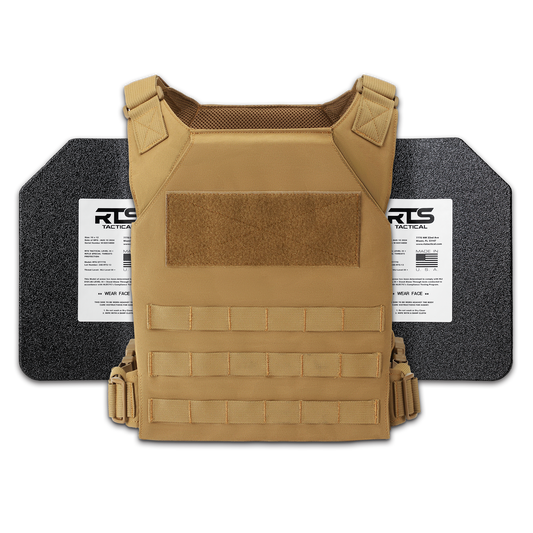 Tan tactical vest with adjustable straps and MOLLE webbing, in front or two black ballistic plates with white labels showing their NIJ rating