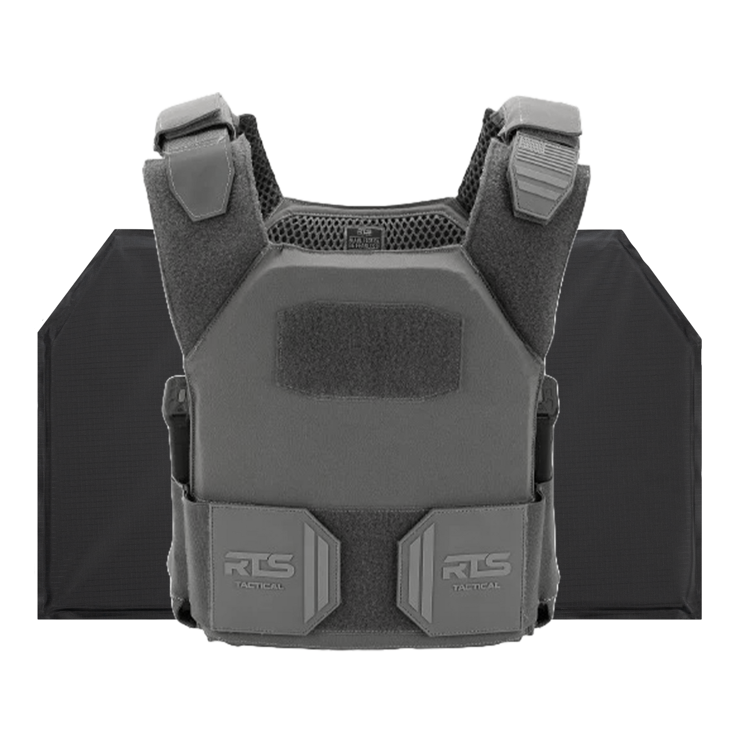 A gray tactical vest with padded shoulders, adjustable straps, and front pouches, labeled "RTS Tactical." Two black armor plates are displayed behind it.