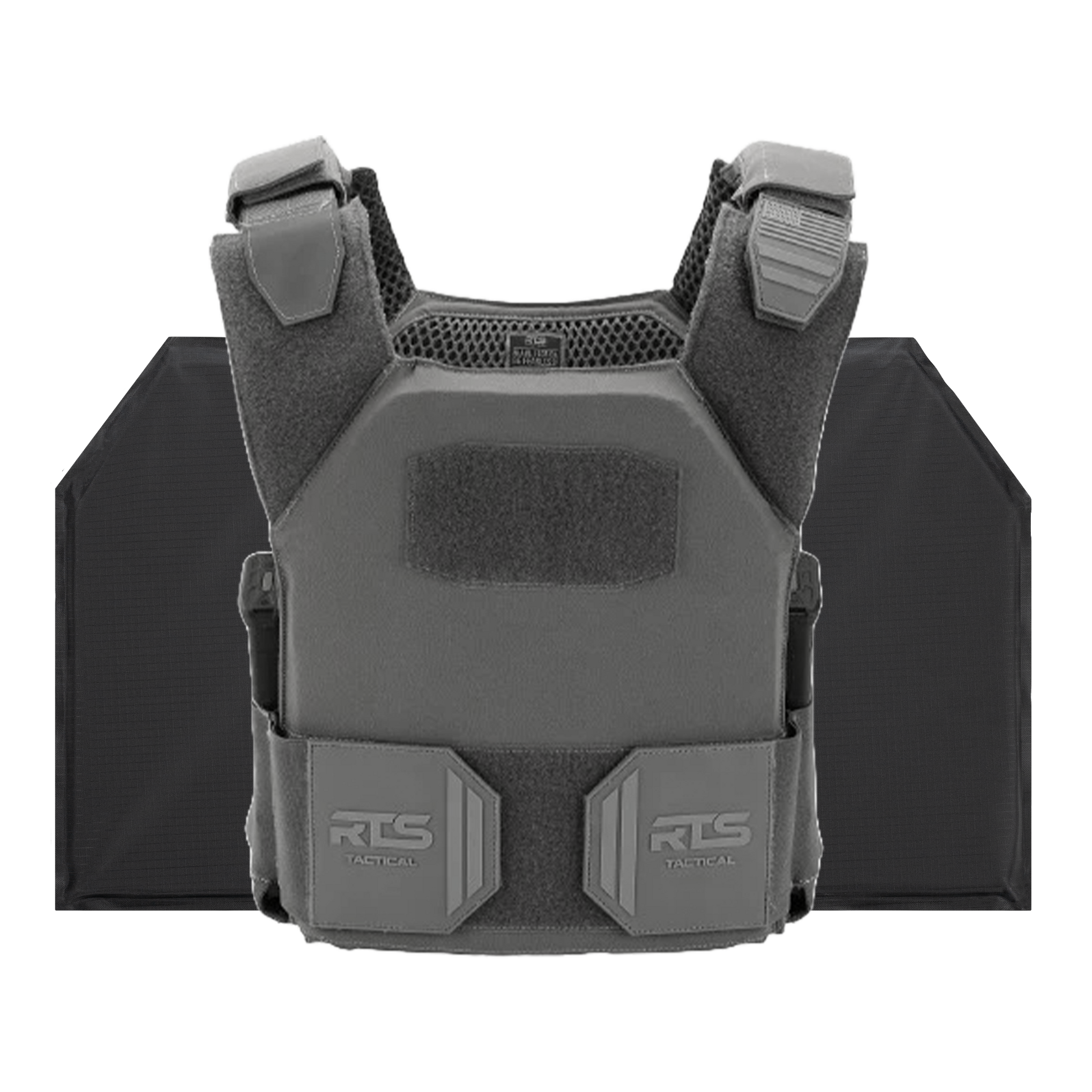 A gray tactical vest with padded shoulders, adjustable straps, and front pouches, labeled "RTS Tactical." Two black armor plates are displayed behind it.