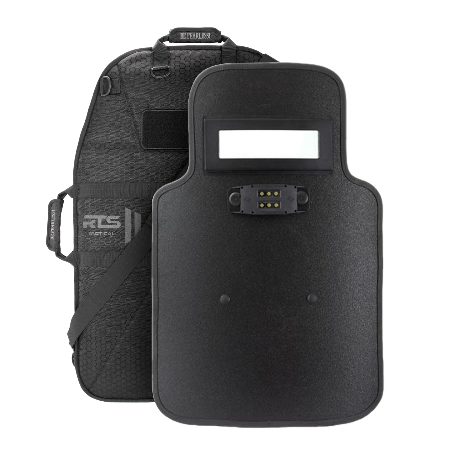 A black tactical shield with cut out in from of included case