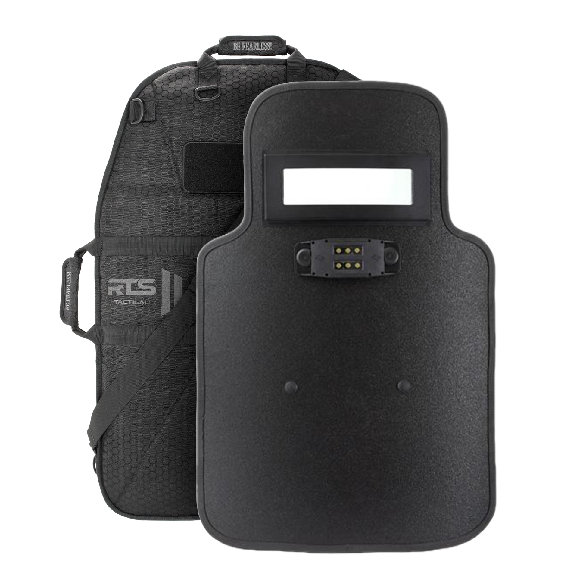 A black tactical shield with cut out in from of included case