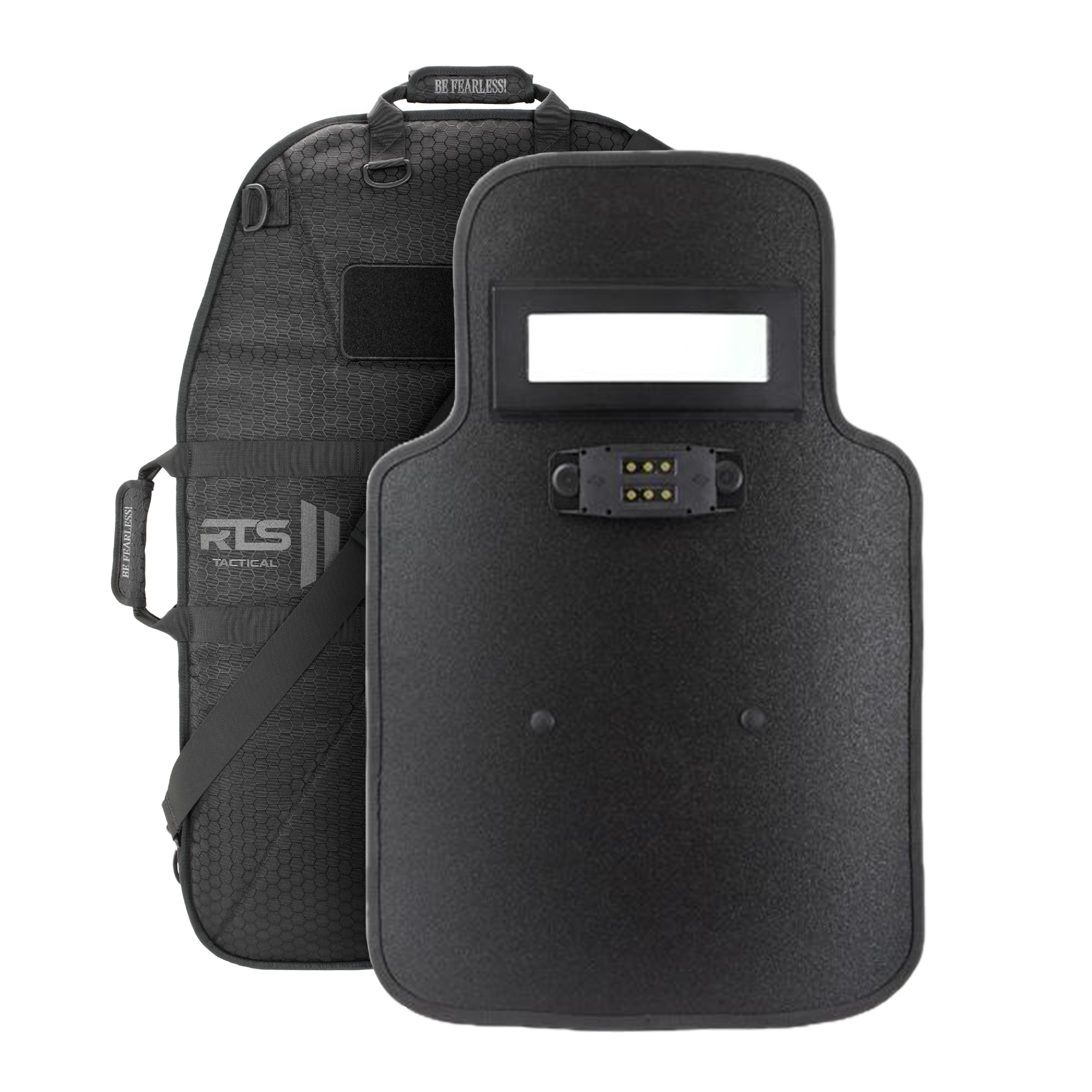 A black tactical shield with cut out in from of included case