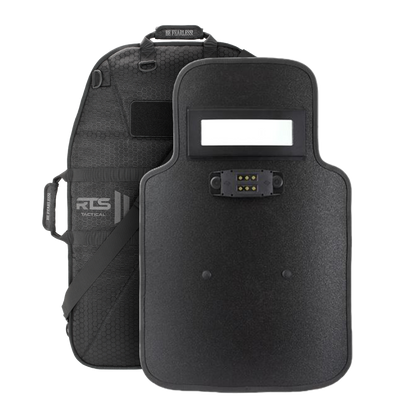 A black tactical shield with cut out in from of included case