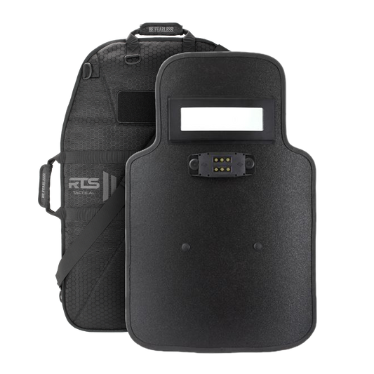 A black tactical shield with cut out in from of included case
