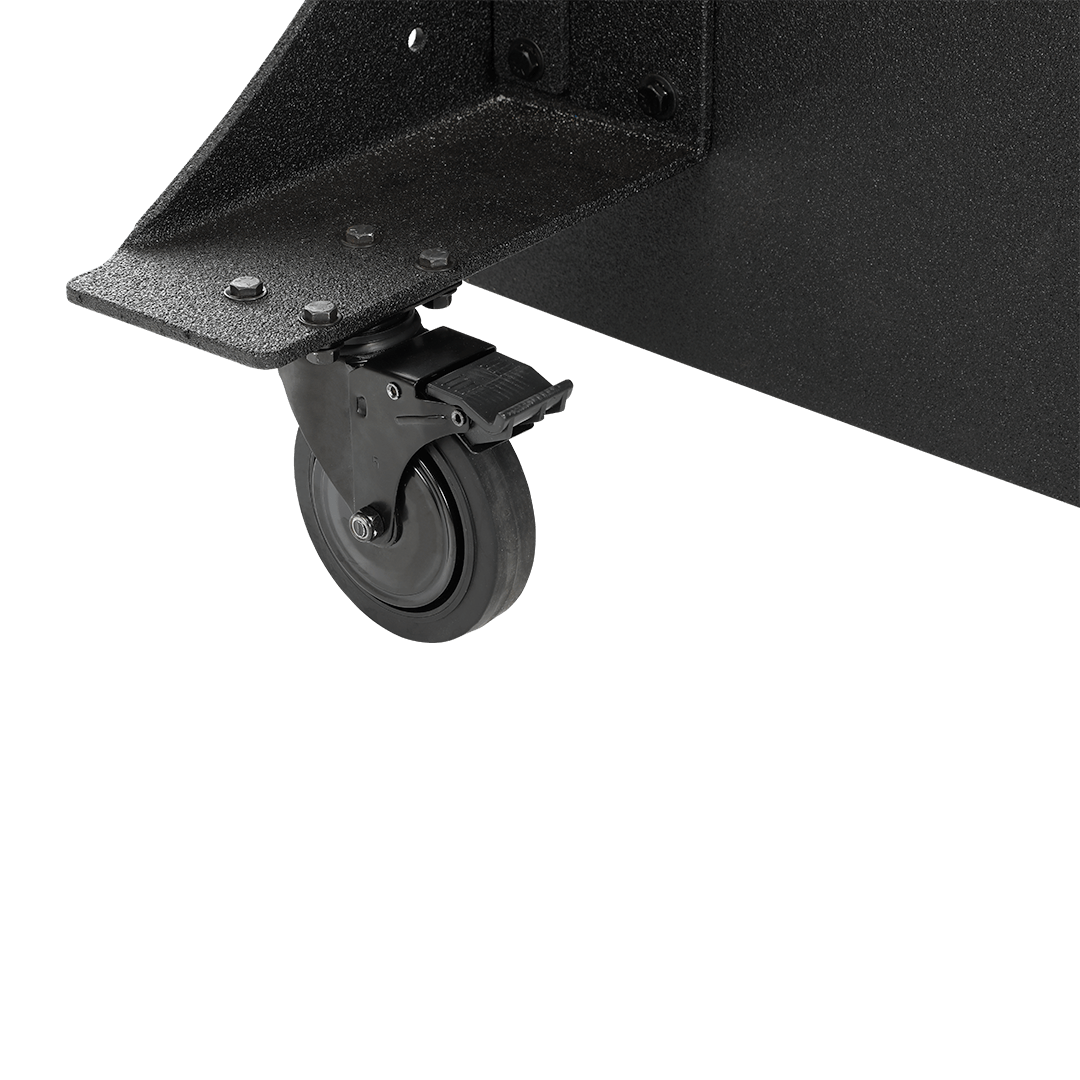 Close-up of a black bulletproof panel with caster wheel with a brake, attached to a metal frame.