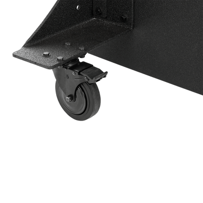 Close-up of a black bulletproof panel with caster wheel with a brake, attached to a metal frame.