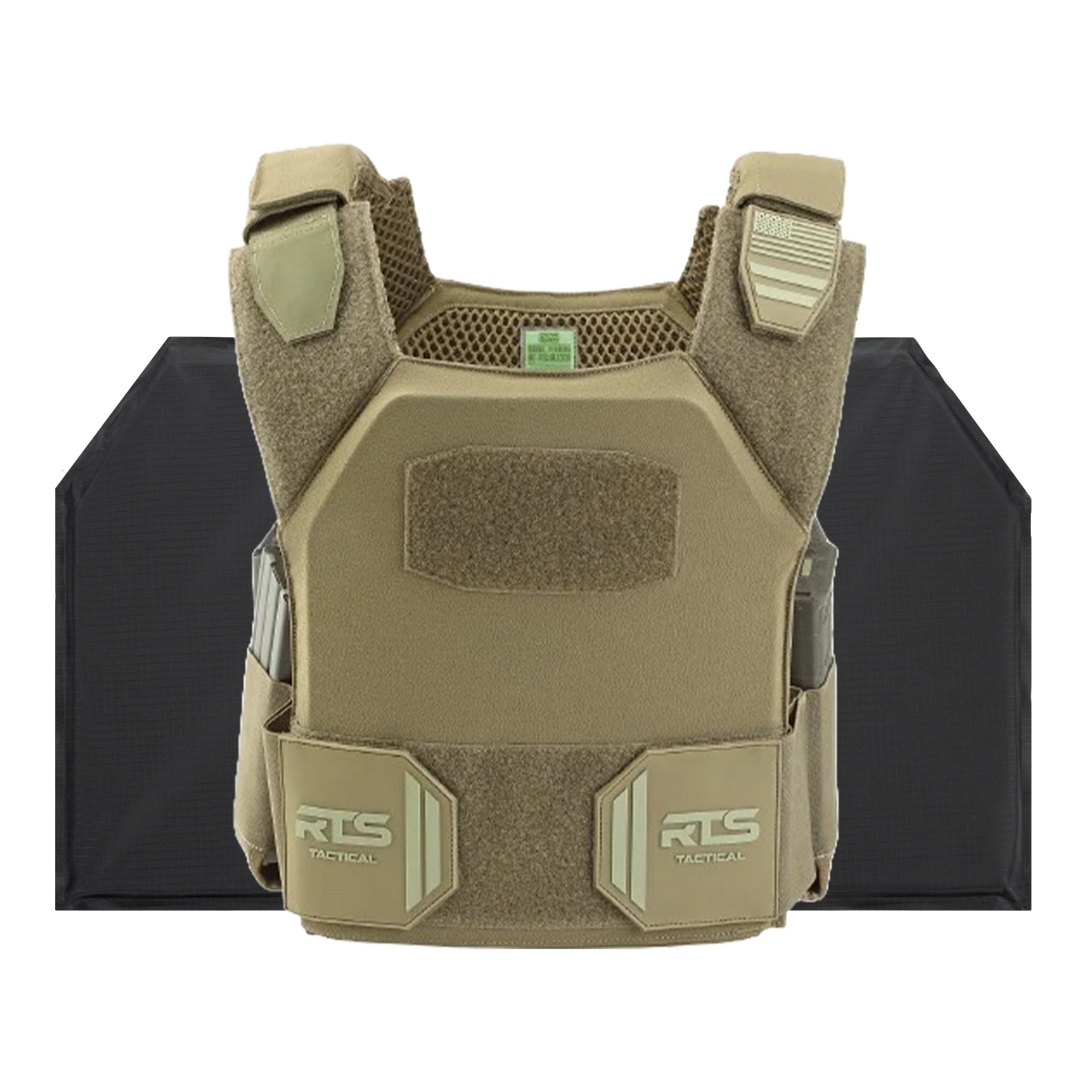Tan tactical vest with padded shoulders and Velcro panels, displayed in front of black armor plates. The vest has a sturdy, protective appearance.