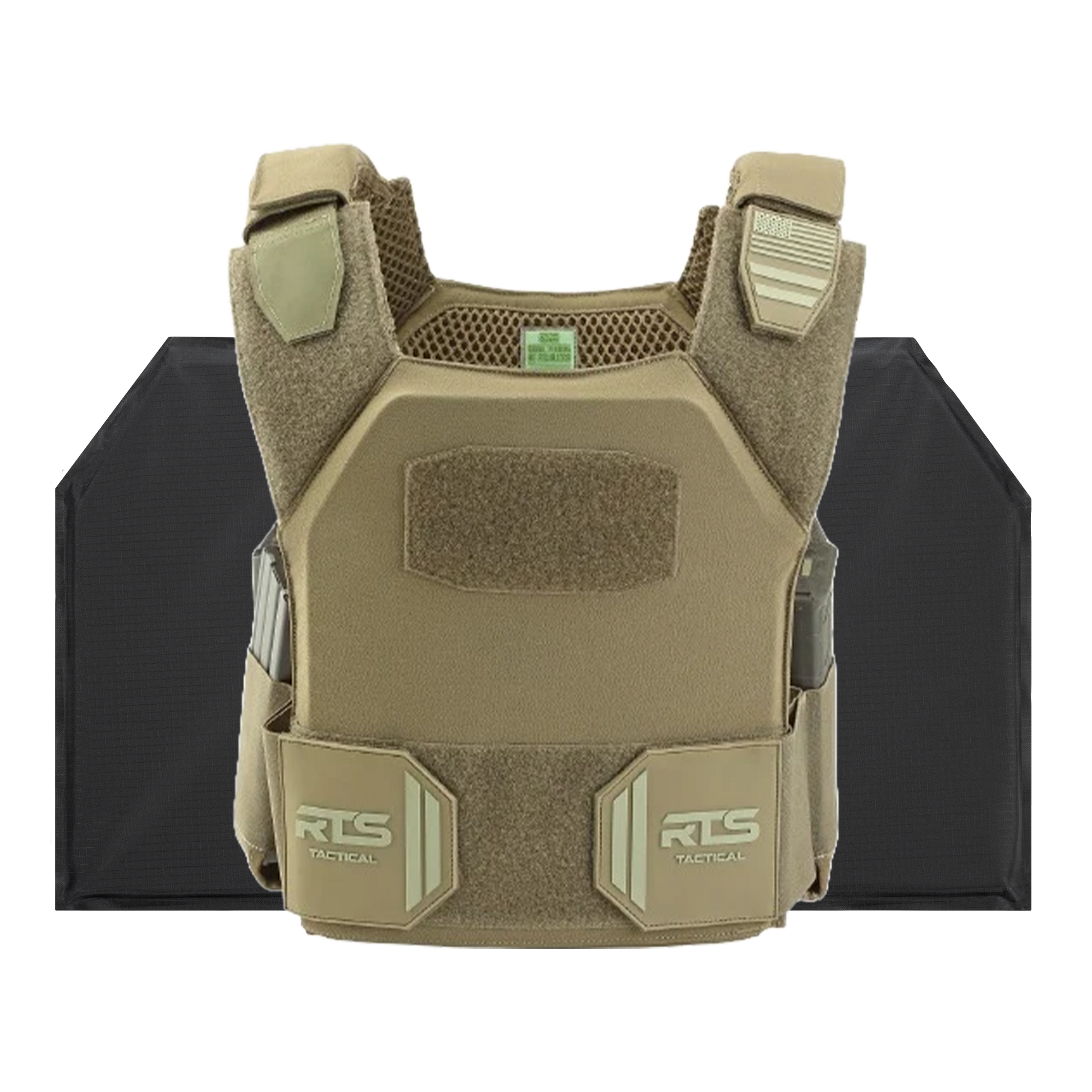 Tan tactical vest with padded shoulders and Velcro panels, displayed in front of black armor plates. The vest has a sturdy, protective appearance.