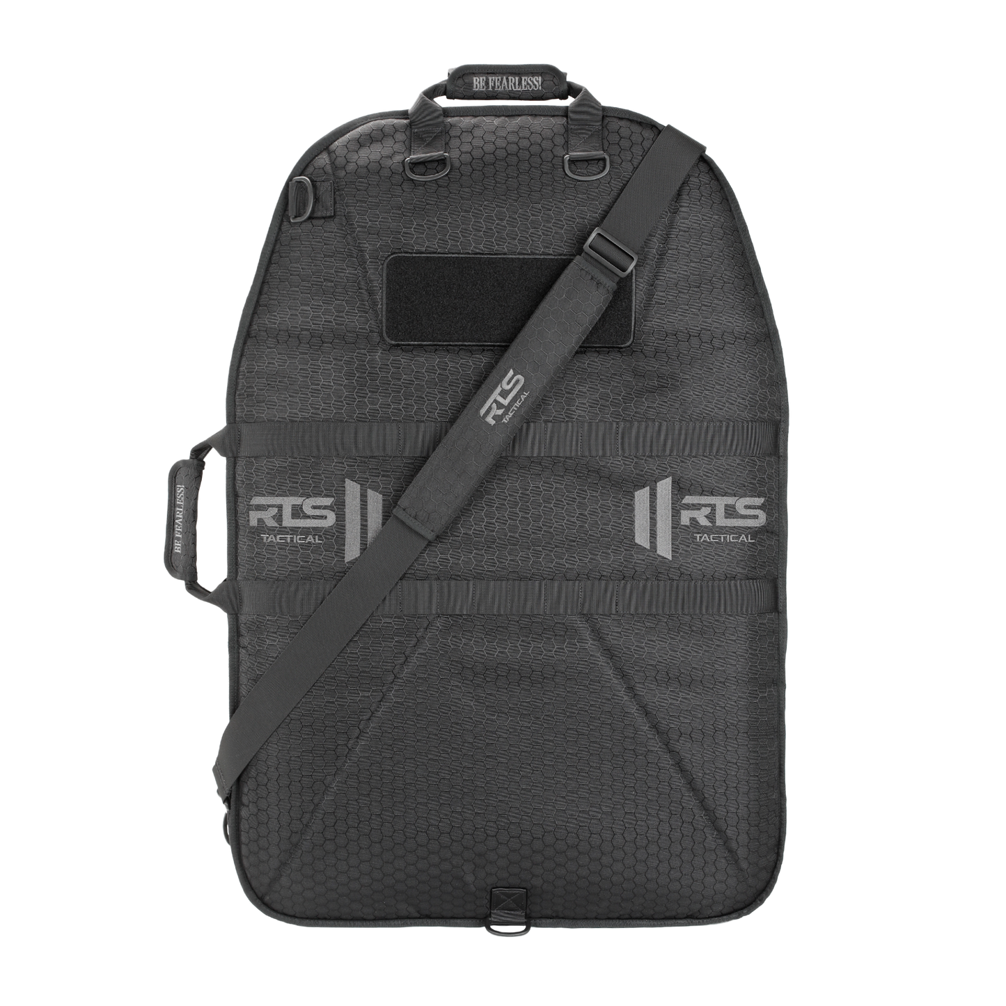 A rugged black tactical bag for ballistic shields, featuring a shoulder strap and handles.