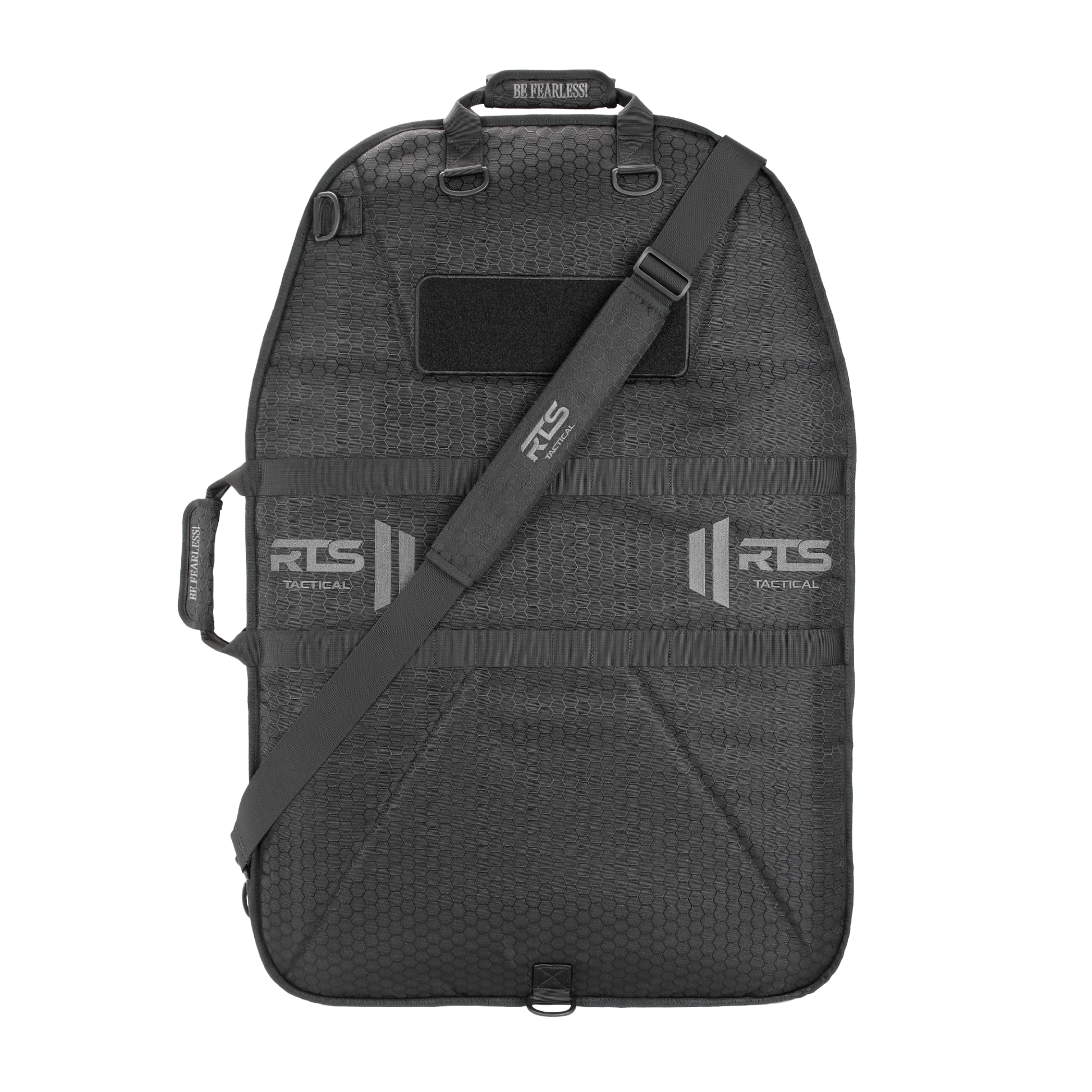 A rugged black tactical bag for ballistic shields, featuring a shoulder strap and handles.