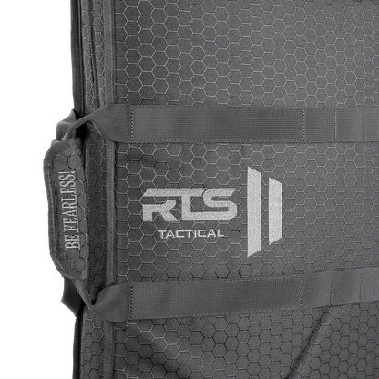 Gray tactical shield bag with hexagonal pattern. Features "RTS Tactical" logo, diagonal stripes, and "Be Fearless" text. Rugged, durable design.