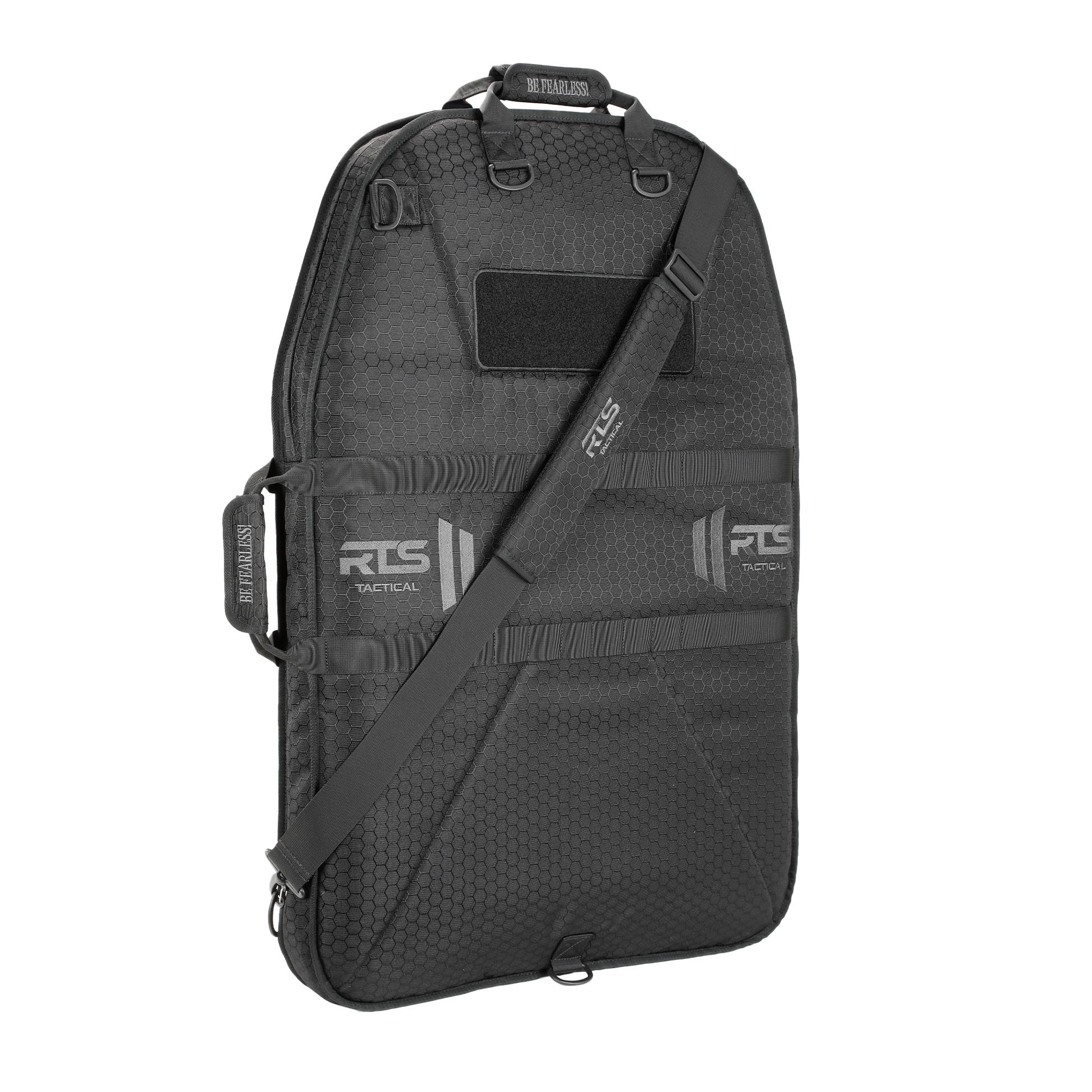 Black tactical shield bag with textured pattern, adjustable shoulder strap, and RTS branding. It has multiple compartments and a rugged design.