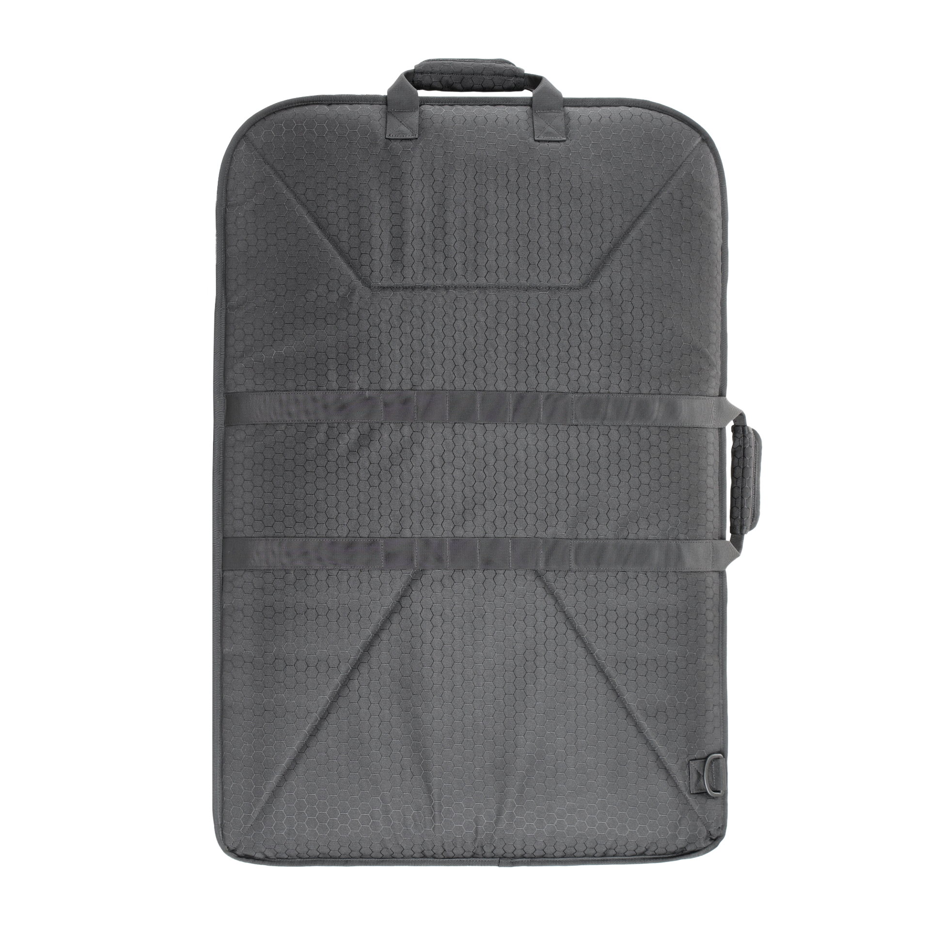 Gray shield protective bag with two horizontal straps and reinforced corners. It has a handle on top, conveying a sleek, modern design.