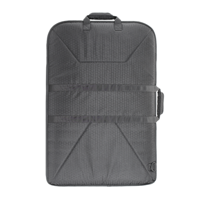 Gray shield protective bag with two horizontal straps and reinforced corners. It has a handle on top, conveying a sleek, modern design.