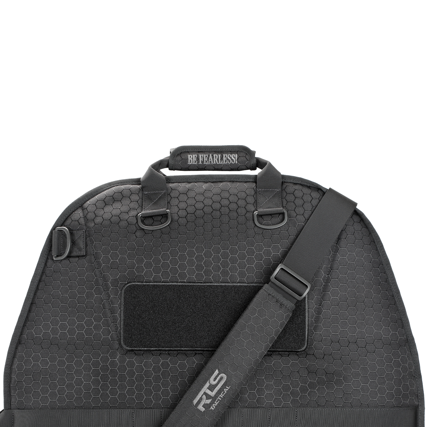 A sleek, black, hexagon-patterned bag with a shoulder strap. The handle has "Be Fearless" stitched on it, conveying a bold, empowering tone.