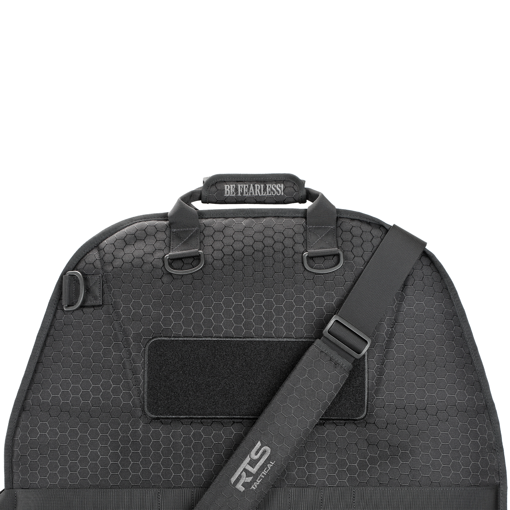 A sleek, black, hexagon-patterned bag with a shoulder strap. The handle has "Be Fearless" stitched on it, conveying a bold, empowering tone.