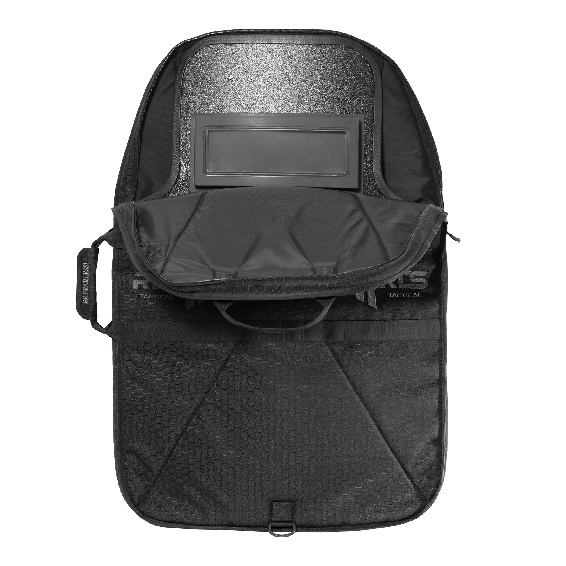 Open black tactical shield bag with hexagonal pattern, showing interior padding and rectangular compartment. The design suggests functionality and resilience.