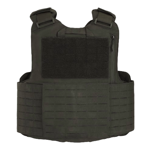 A black soft body armor vest with quick release buckles and MOLLE webbing.
