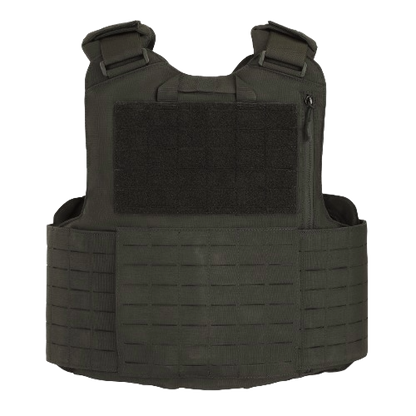 A black soft body armor vest with quick release buckles and MOLLE webbing.