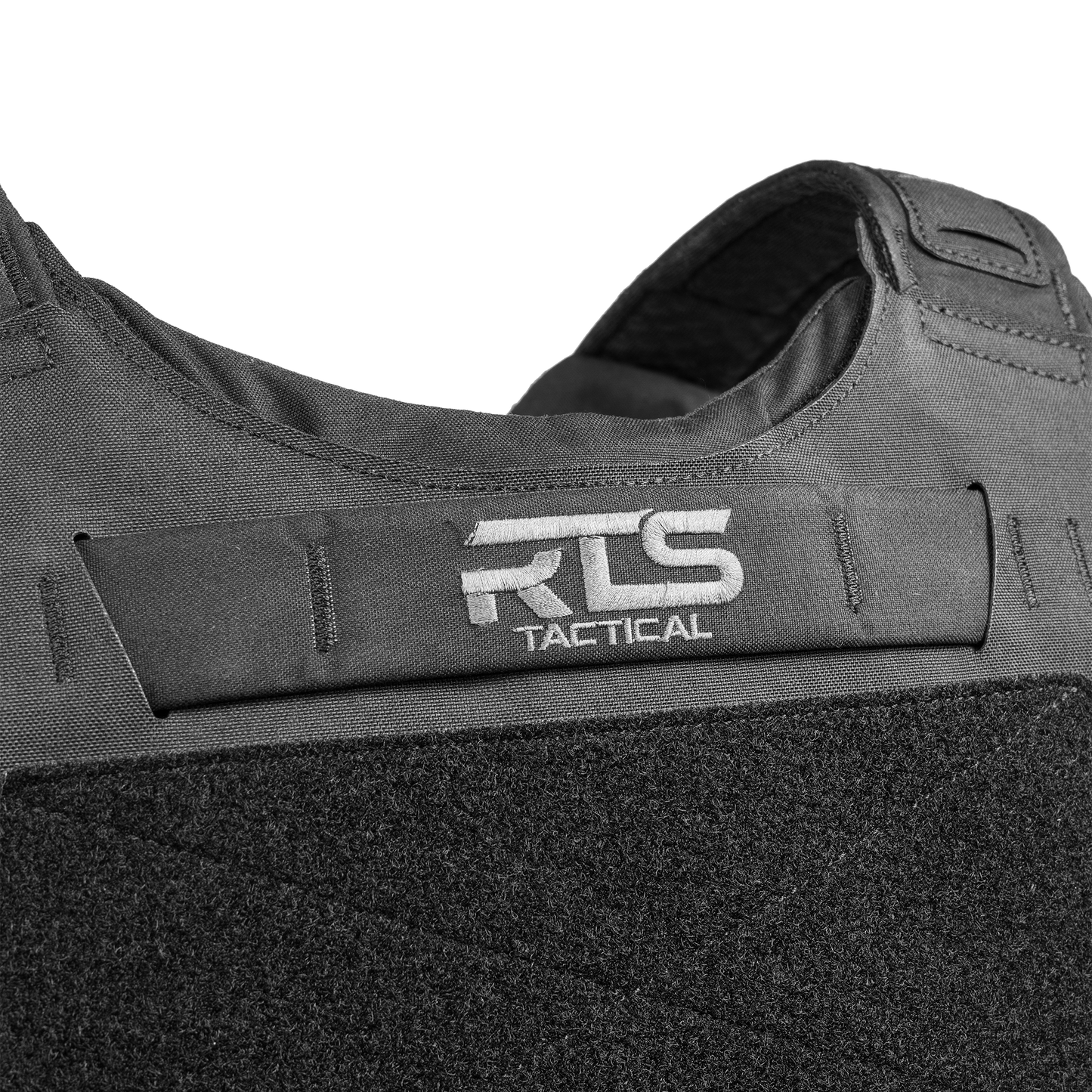 Close-up of a tactical vest featuring a black fabric design with RTS Tactical logo