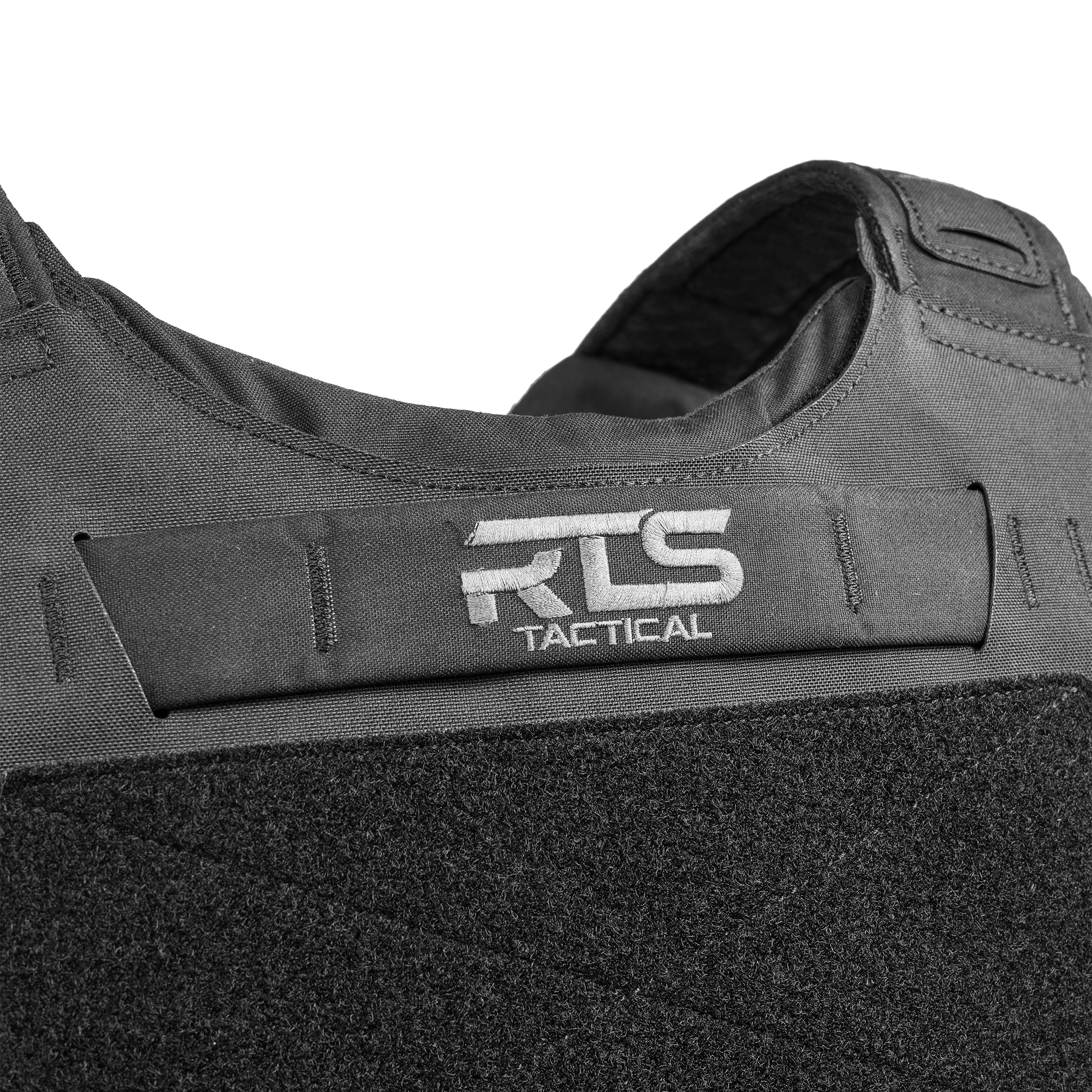 Close-up of a tactical vest featuring a black fabric design with RTS Tactical logo