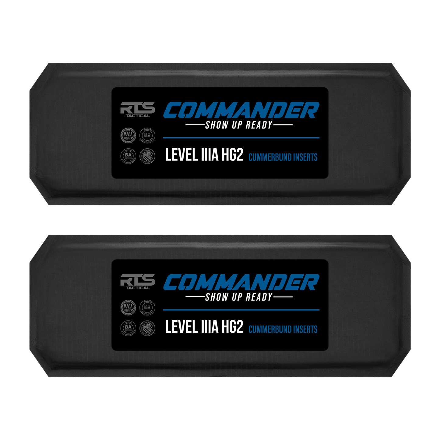 Two black tactical inserts labeled "RTS Tactical Commander Level IIIA HG2, Cummerbund Inserts" with bold blue and white text on dark backgrounds.