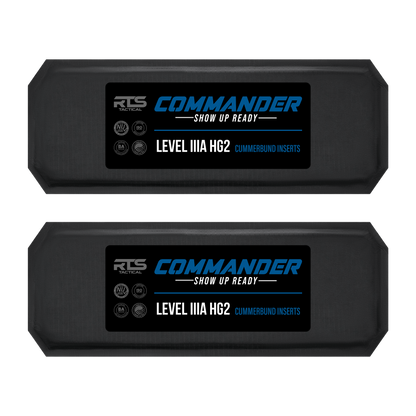 Two black tactical inserts labeled "RTS Tactical Commander Level IIIA HG2, Cummerbund Inserts" with bold blue and white text on dark backgrounds.