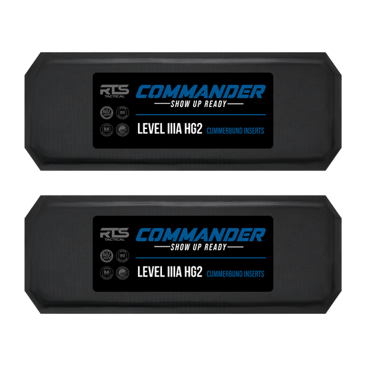 Two black tactical inserts labeled "RTS Tactical Commander Level IIIA HG2, Cummerbund Inserts" with bold blue and white text on dark backgrounds.